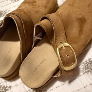 American Eagle Outfitters Brown Suede Mules with Gold Buckle